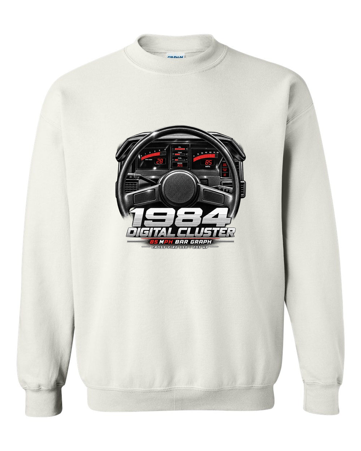 Chevrolet Corvette C4 1984 digital dash cluster cockpit print white crewneck front view with the design