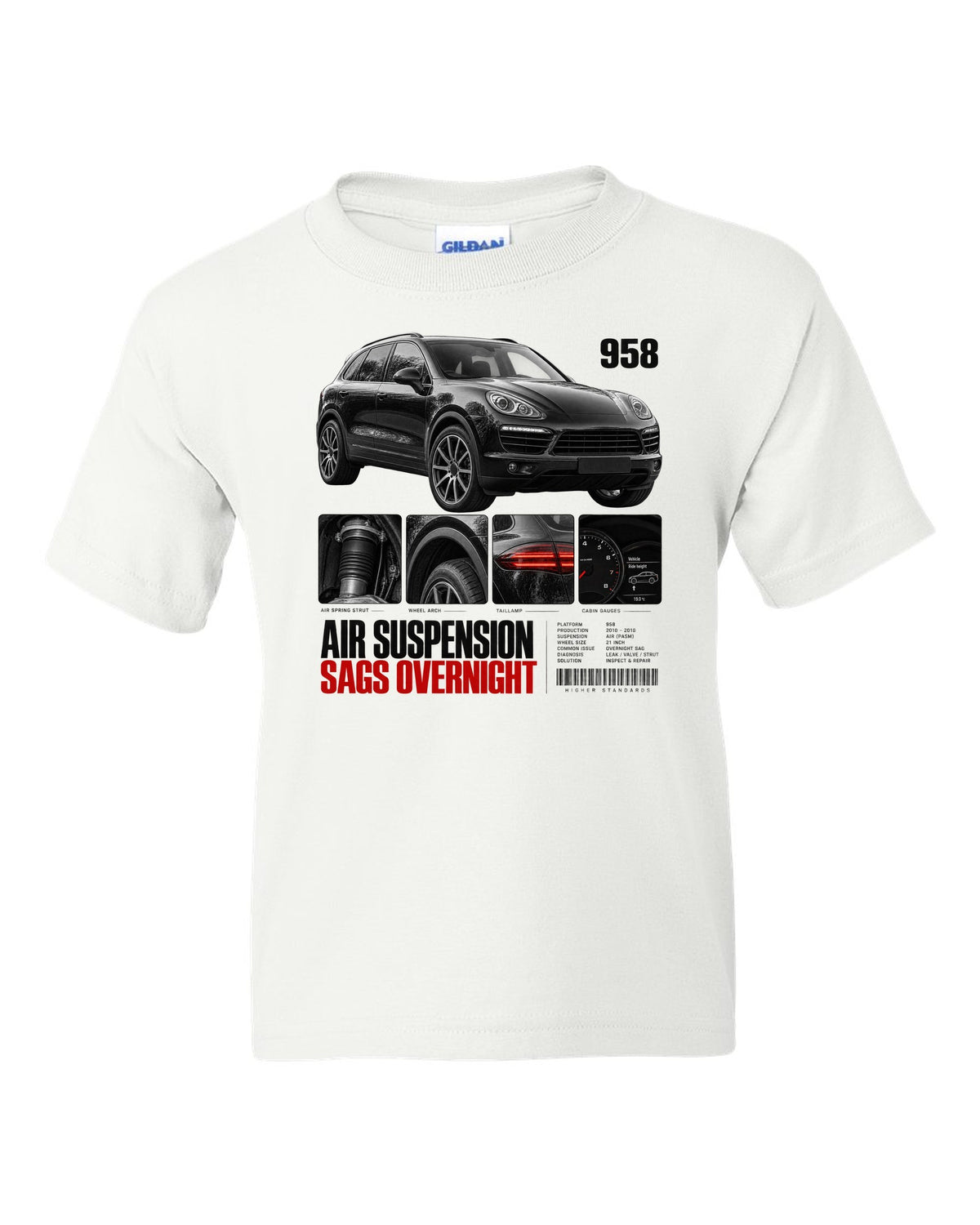 Dossier panel print of a Porsche Cayenne 958 with air suspension sags overnight caption white kids tee front view with the design