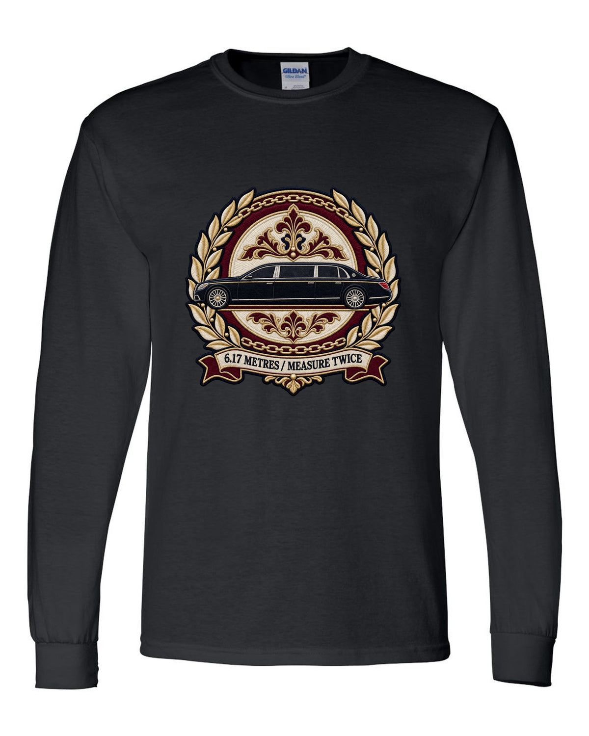 Embroidery style round crest of a Maybach 62 W240 opera window with 6.17 Metres Measure Twice text black long sleeve front view with the design