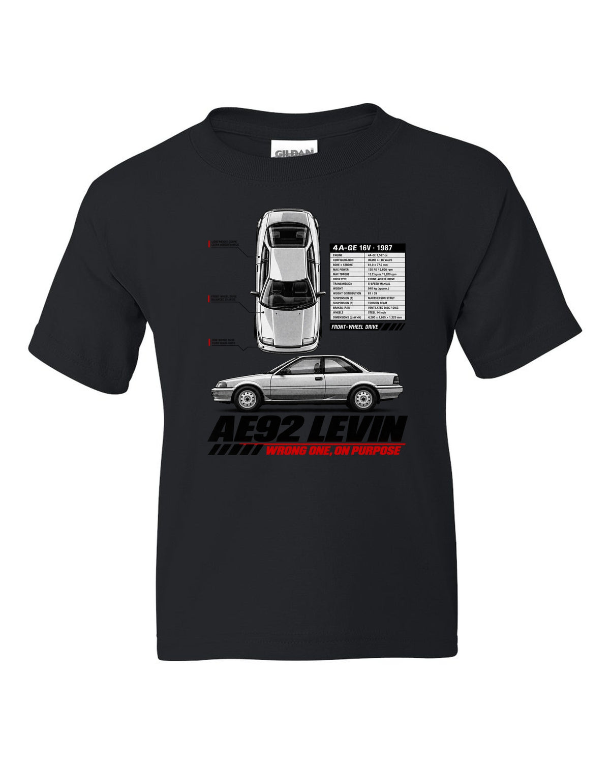 Spec poster print of a Toyota Corolla Levin AE92 with 4A-GE 16V and front-wheel drive text black kids tee front view with the design