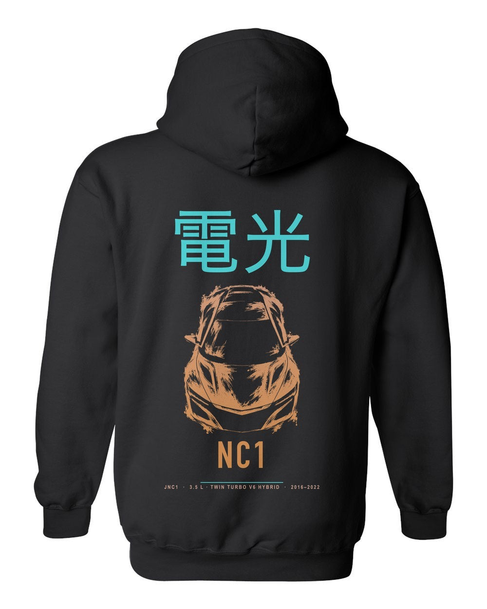 NC1 full-back artwork black pull over hoodie back view with the design