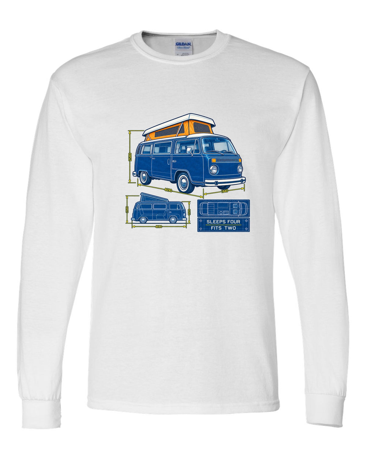 Cyanotype negative blueprint of a VW Bay Window T2 camper with sleeps four fits two text white long sleeve front view with the design