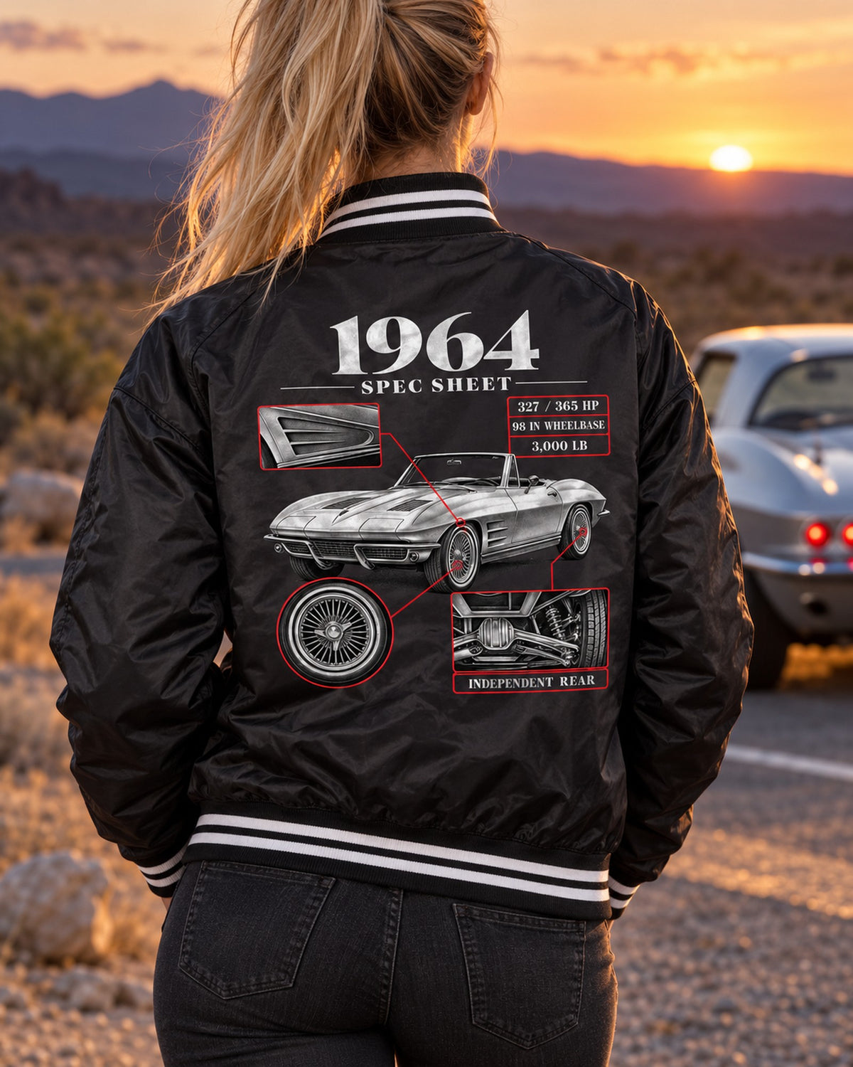 Corvette Sting Ray C2 1964 327 Spec Sheet Shirt, Car Guy Bomber Jacket Black worn hero