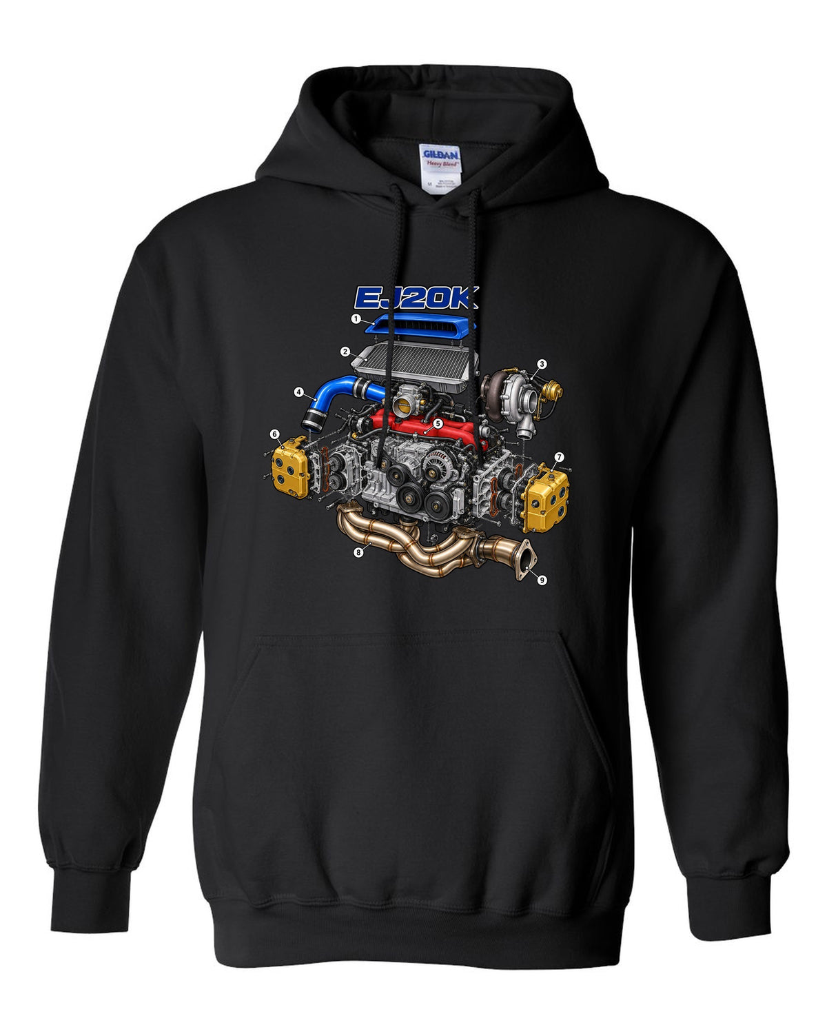 Subaru Impreza WRX GC8 EJ20K boxer engine in an exploded cutaway diagram black pull over hoodie front view with the design