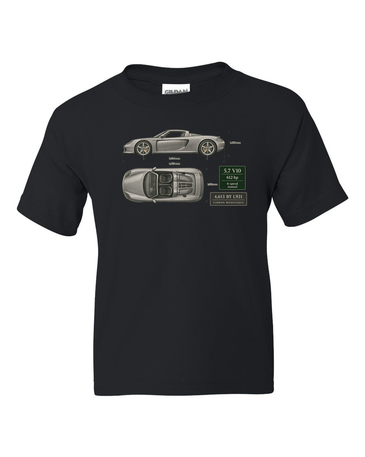 Porsche Carrera GT top view dimension blueprint print design black kids tee front view with the design