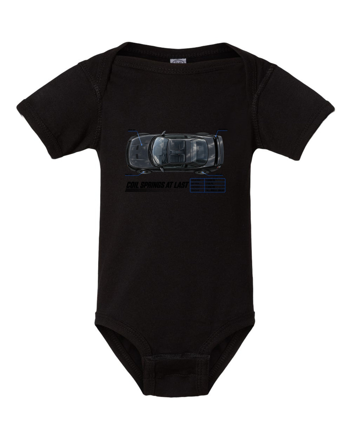 Top-down spec poster print of a Porsche 911 Carrera 4 (964) with the headline Coil Springs At Last black baby onesie front view with the design