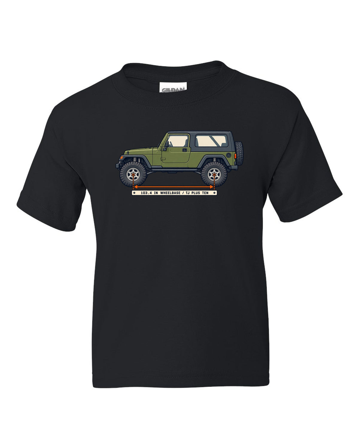 Patent-style line drawing of a Jeep Wrangler LJ Unlimited with 103.4 IN WHEELBASE TJ PLUS TEN lettering black kids tee front view with the design