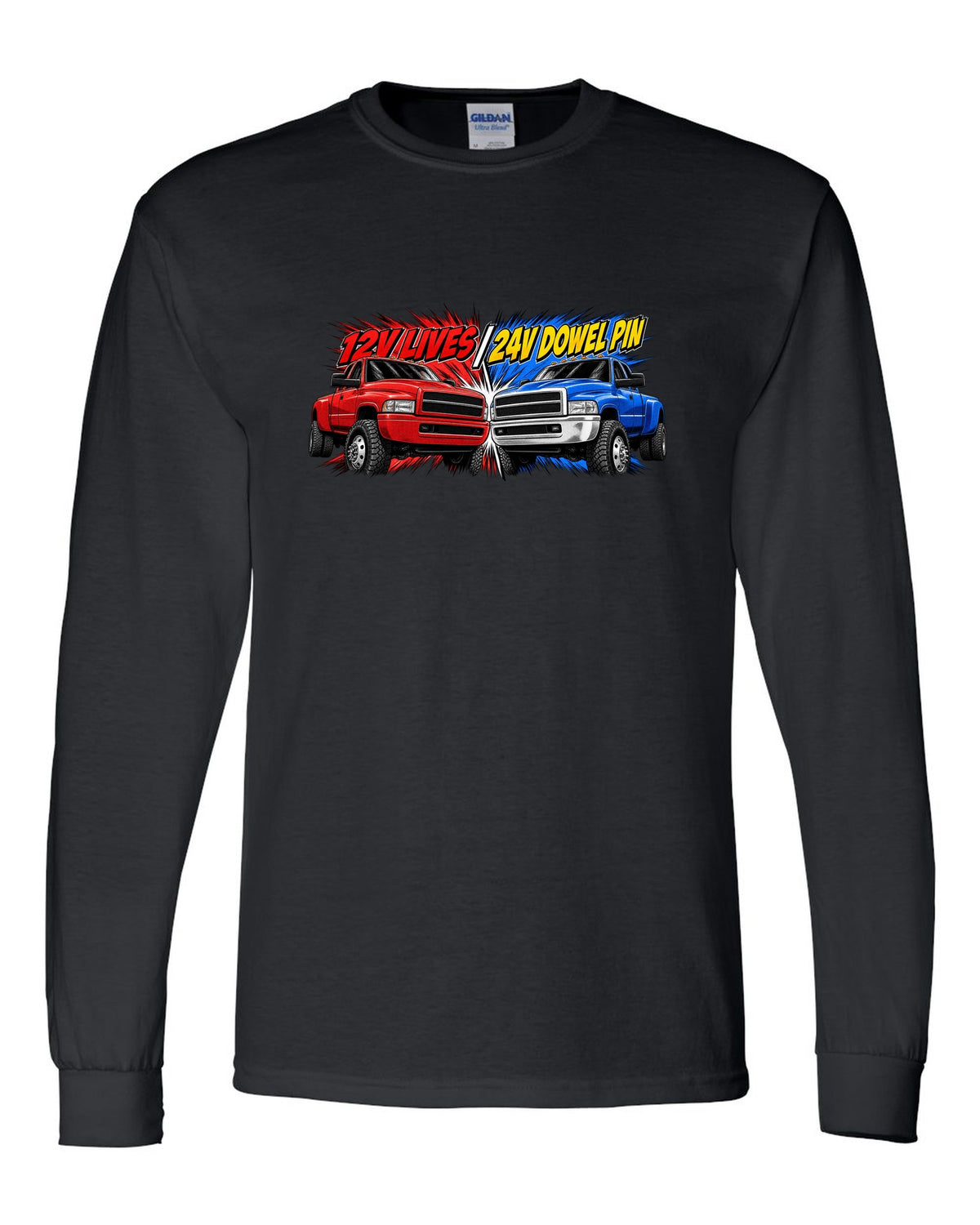 Retro manga halftone print of two Dodge Ram 2nd gen trucks with 12V lives and 24V dowel pin text black long sleeve front view with the design
