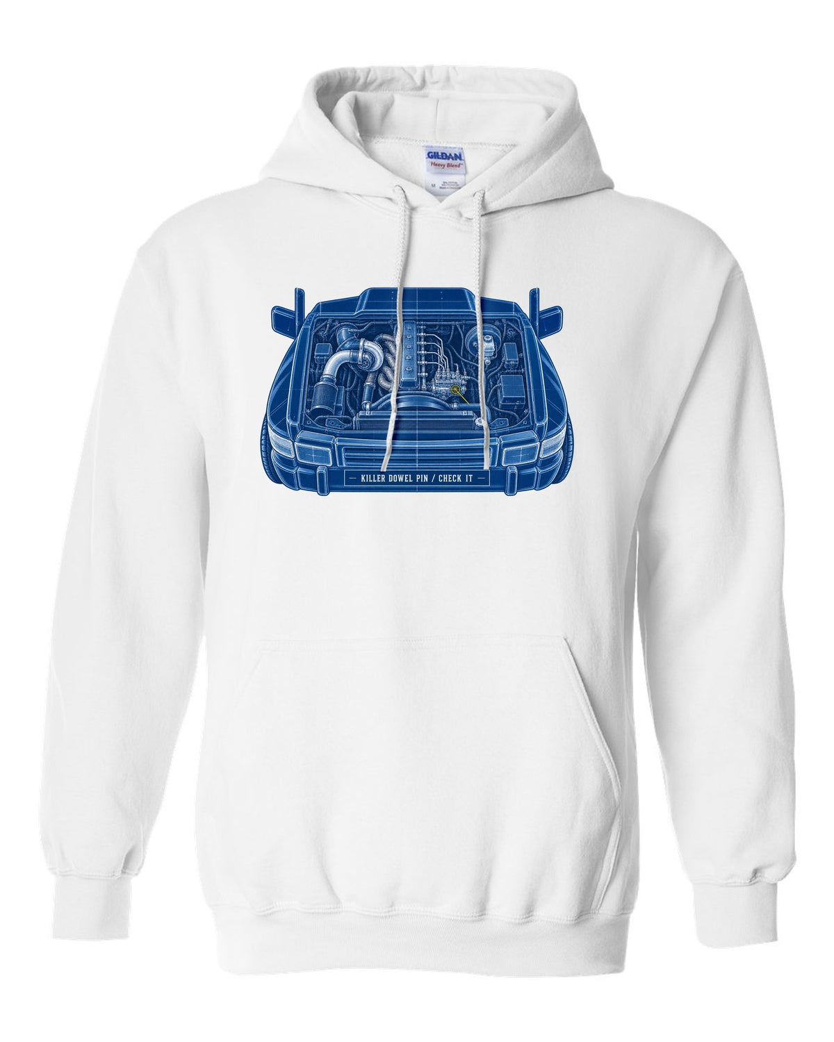 Cyanotype blueprint print of a 1994-1998 Dodge Ram 12V 5.9 Cummins engine bay white pull over hoodie front view with the design