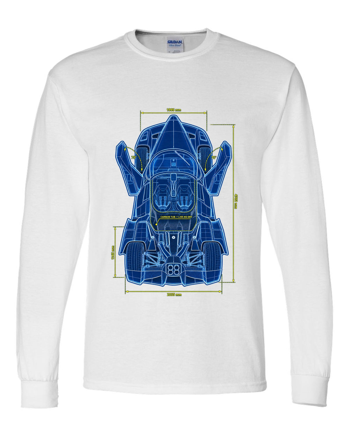 Technical top-plan blueprint print of a 2002 Ferrari Enzo F140 with carbon tub and 1,255 KG dry text white long sleeve front view with the design