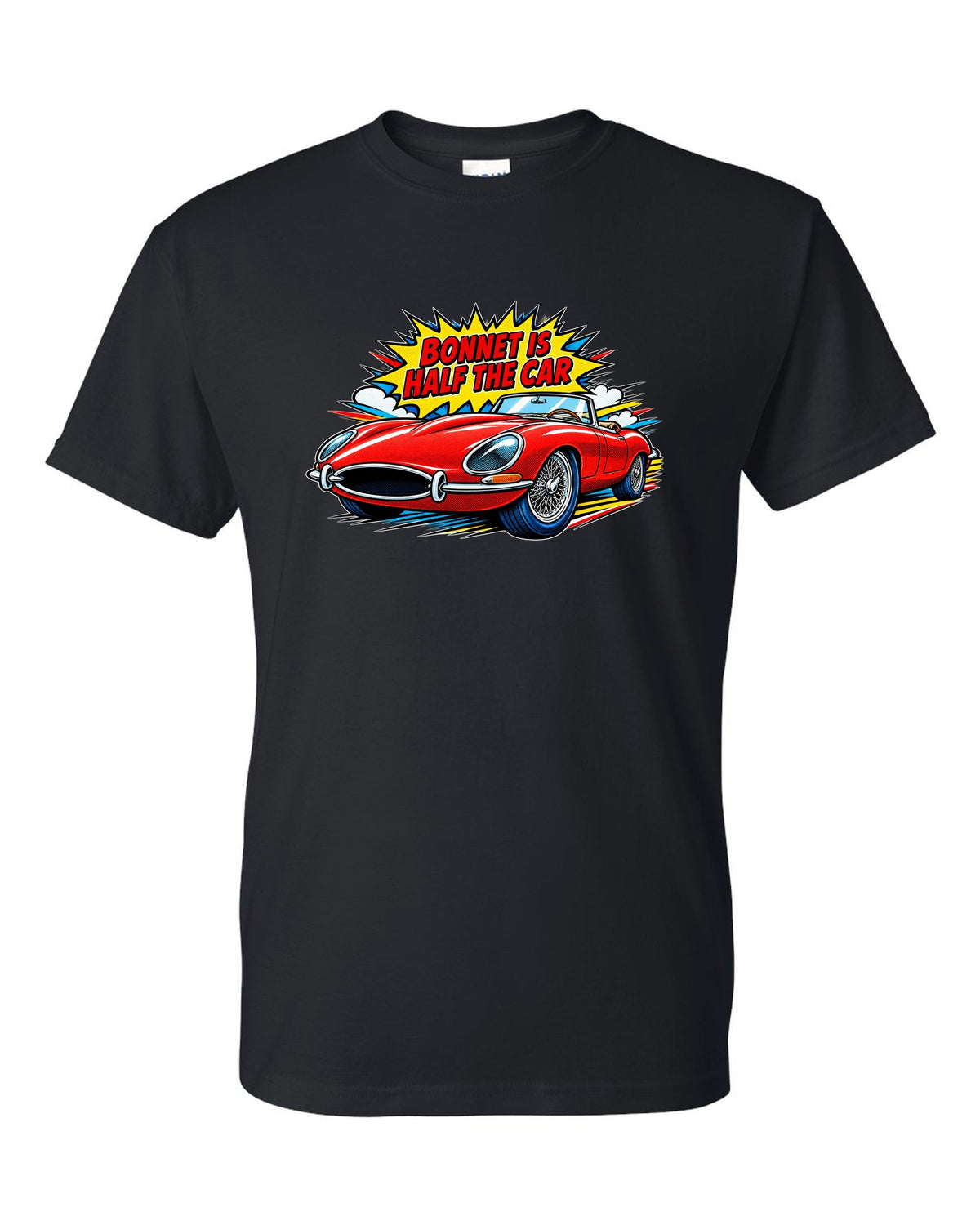 Comic halftone pop art print of a 1961 Jaguar E-Type Series 1 with bonnet is half the car lettering black t-shirt front view with the design