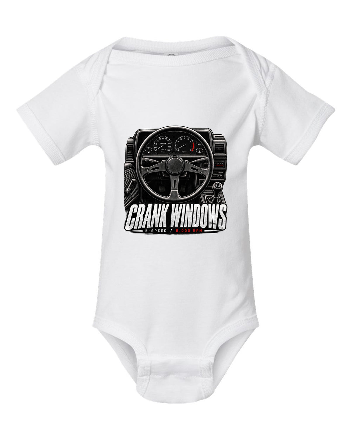 print of a Toyota AE86 interior cockpit with gauges and crank window lettering white baby onesie front view with the design