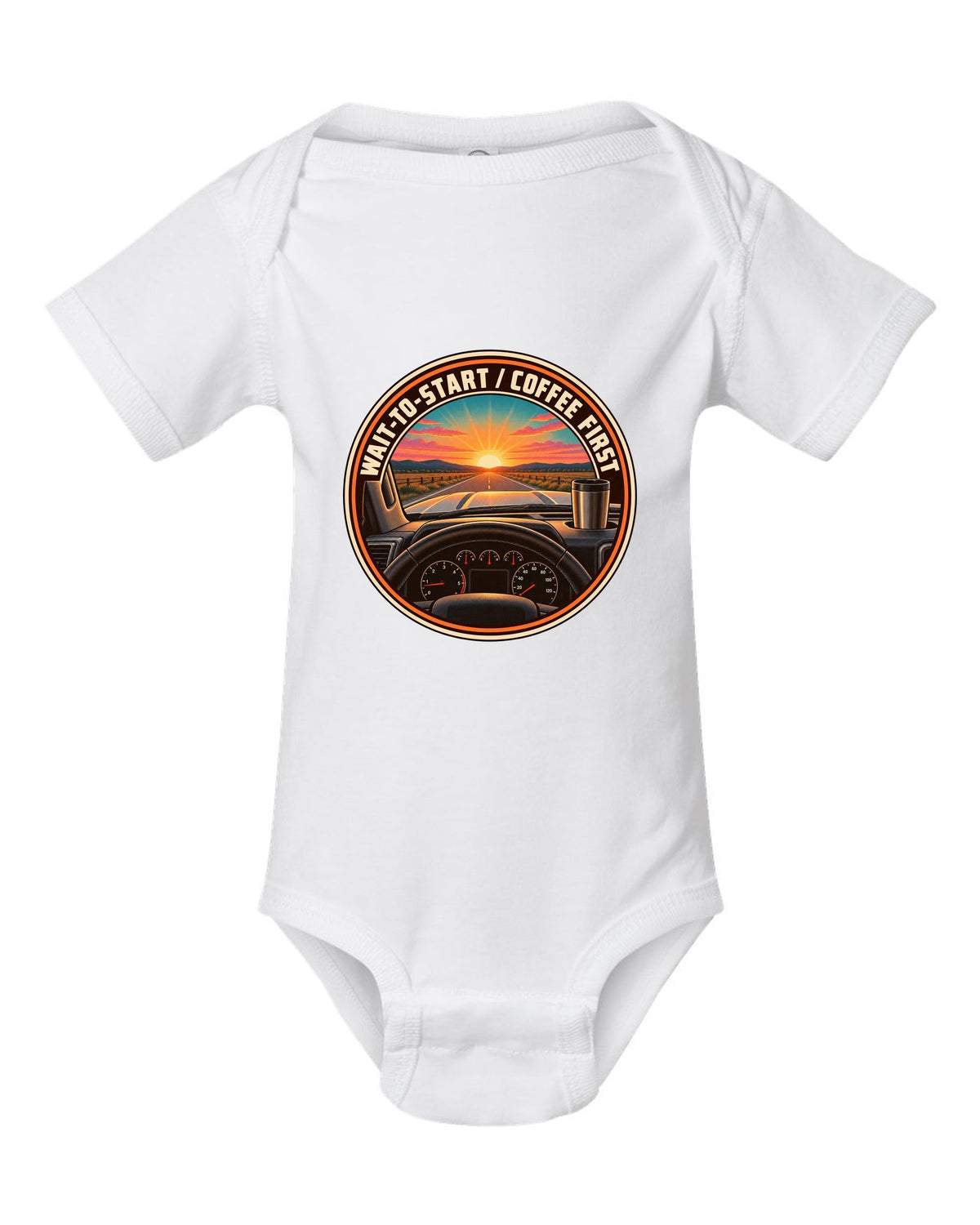 Retro sunset crest print for a 2010-2018 Ram 2500 6.7 Cummins with wait-to-start coffee first text white baby onesie front view with the design