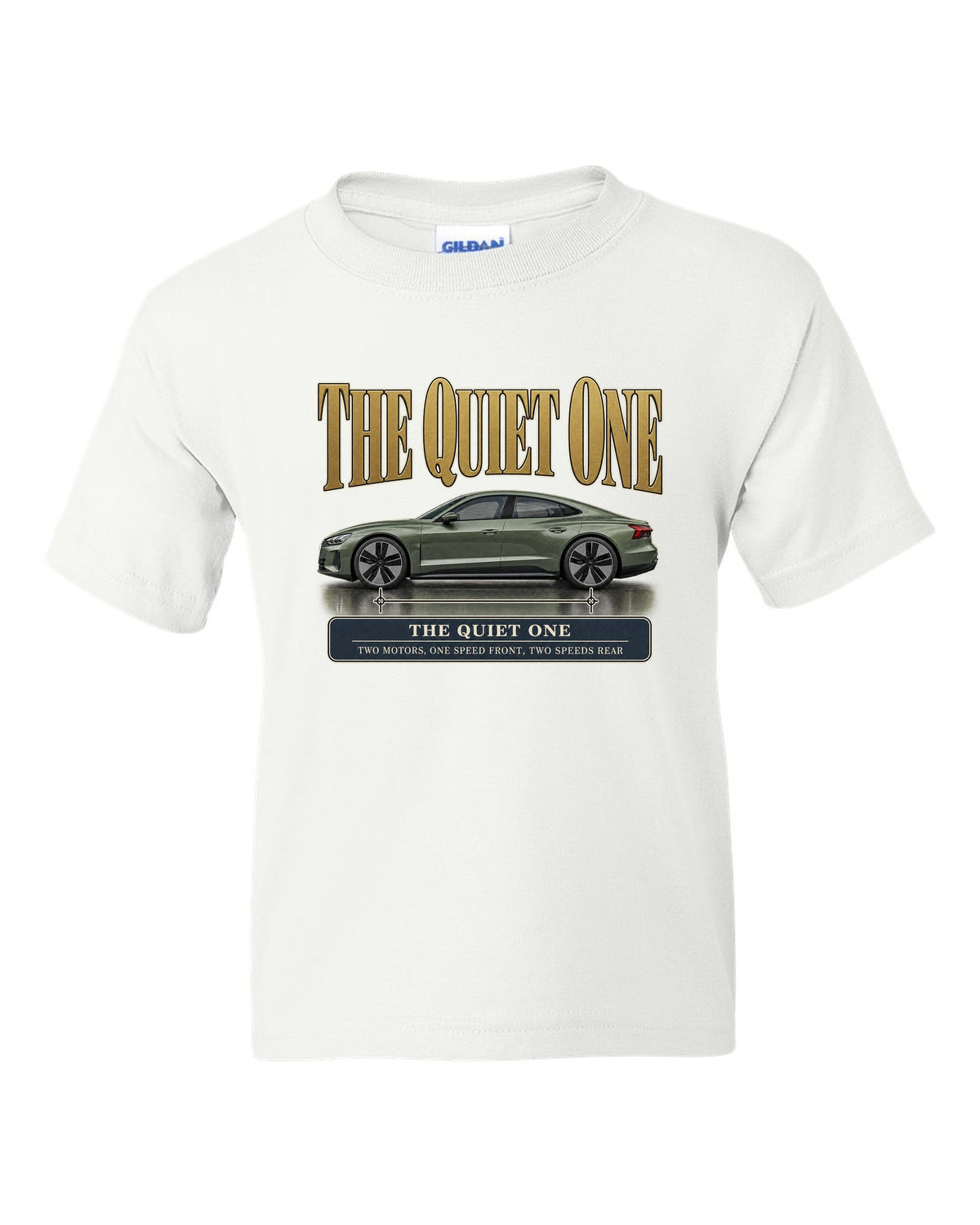 Audi e-tron GT quattro profile editorial headline print design white kids tee front view with the design