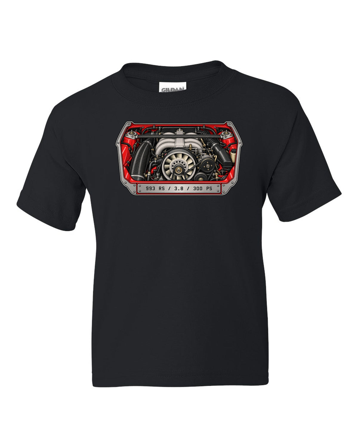 Porsche 901 topographic route map design with 1964 and 130 PS lettering black kids tee front view with the design