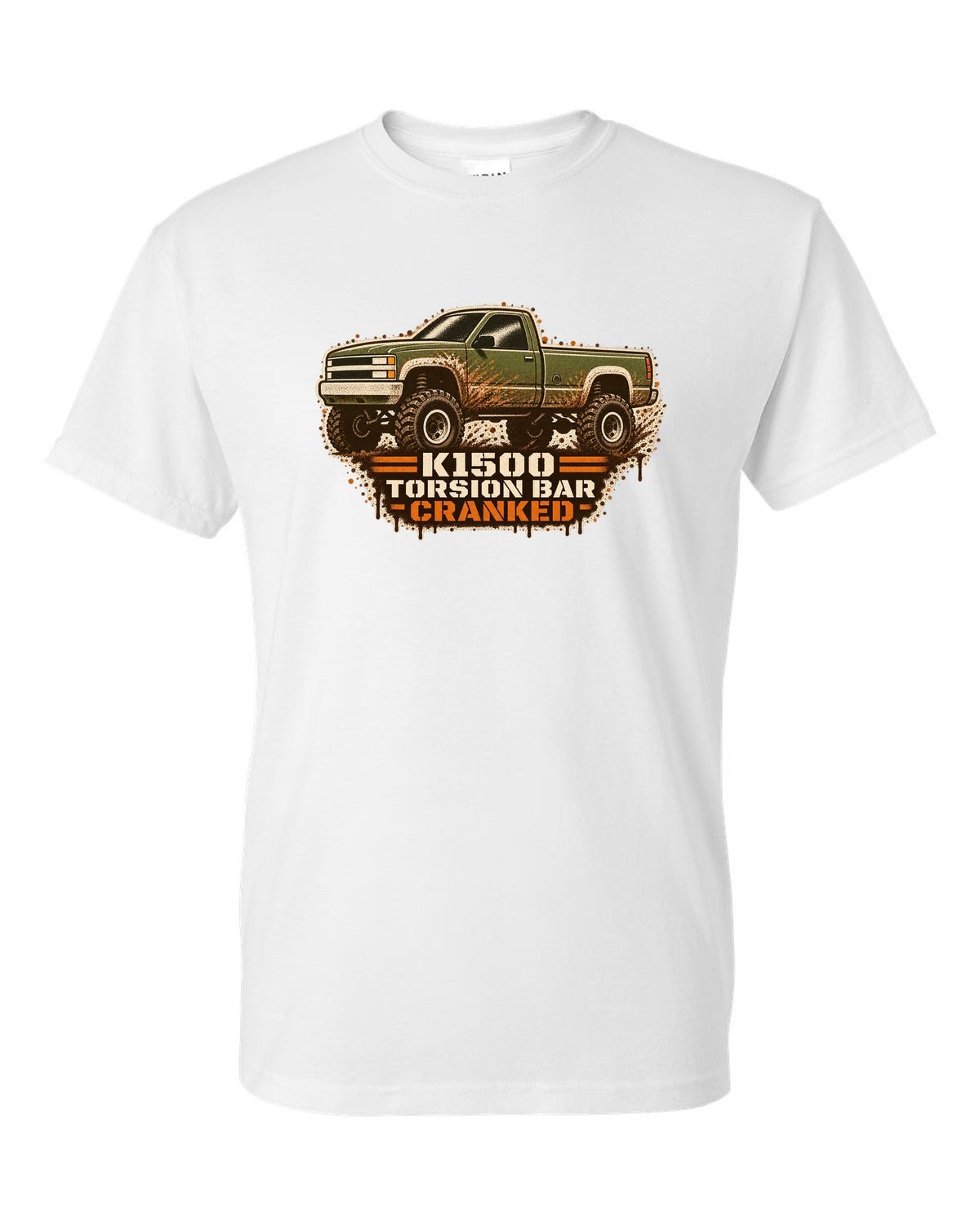 Stencil spray street-art print of a 1988-98 Chevrolet GMT400 K1500 Z71 OBS with torsion bar text white t-shirt front view with the design