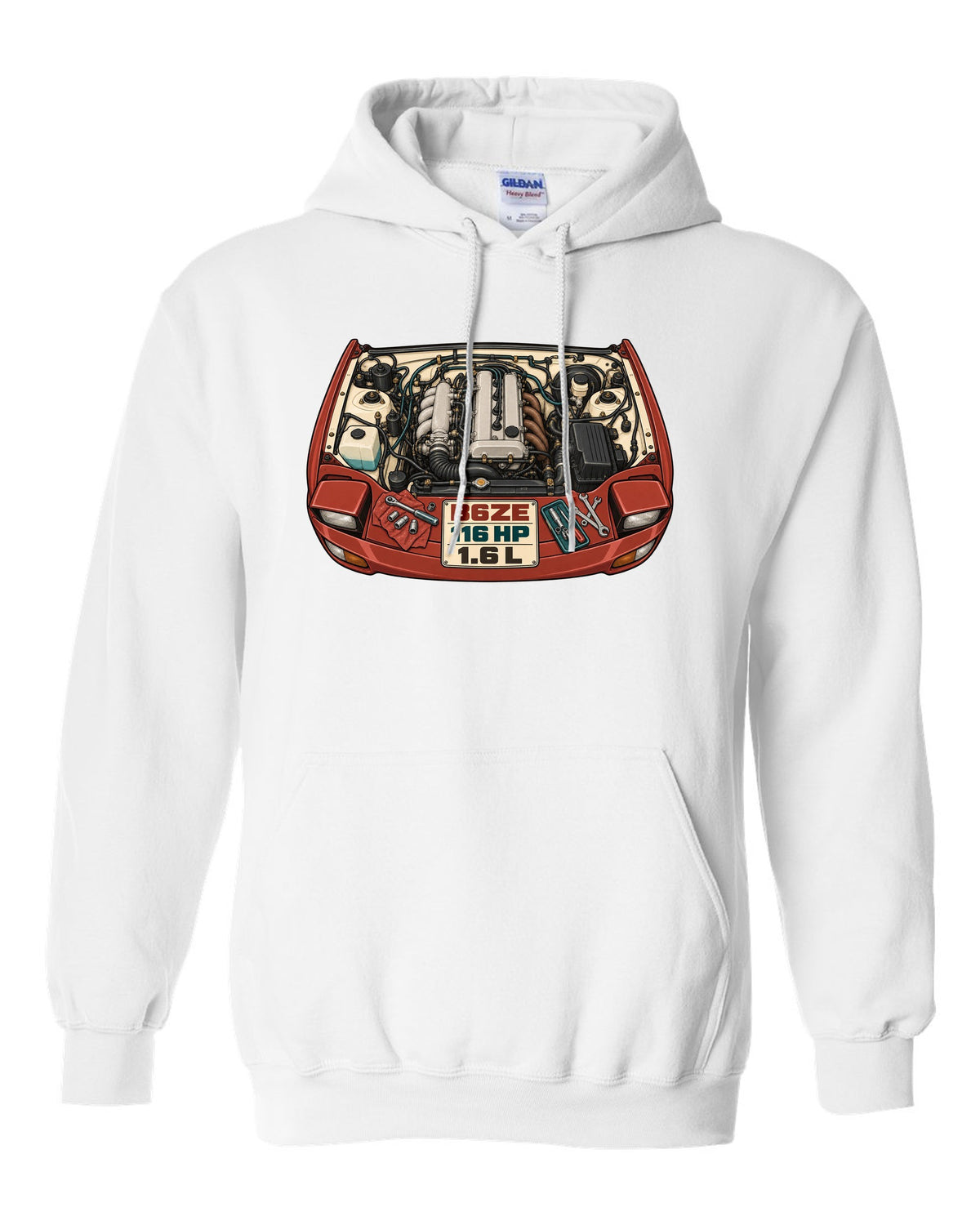 Parts-catalogue illustration of the Mazda MX-5 NA engine bay with B6ZE / 116 HP / 1.6 L lettering white pull over hoodie front view with the design