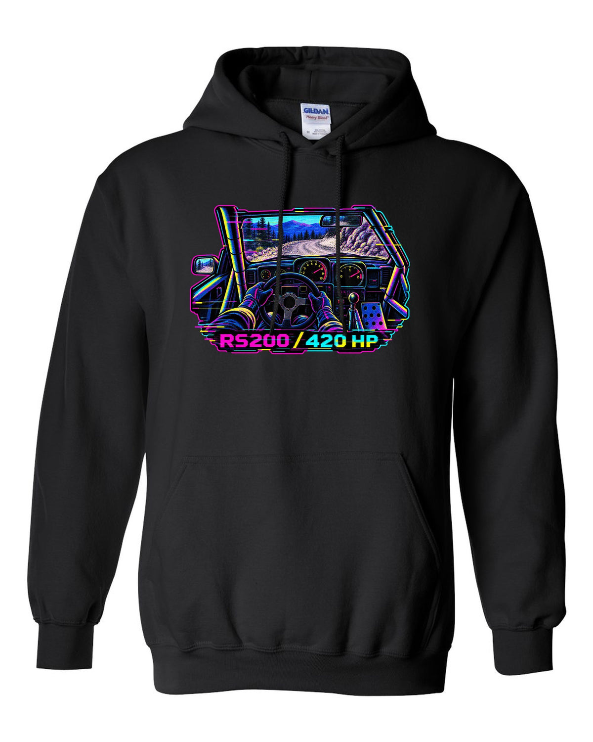 VHS glitch style Ford RS200 cockpit print with 420 hp lettering black pull over hoodie front view with the design