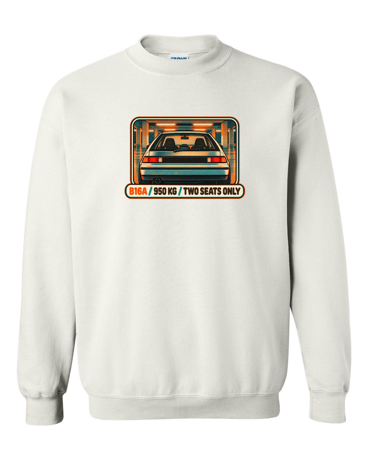 Grunge stencil print of a Honda NSX-R with No A/C No Stereo lettering white crewneck front view with the design