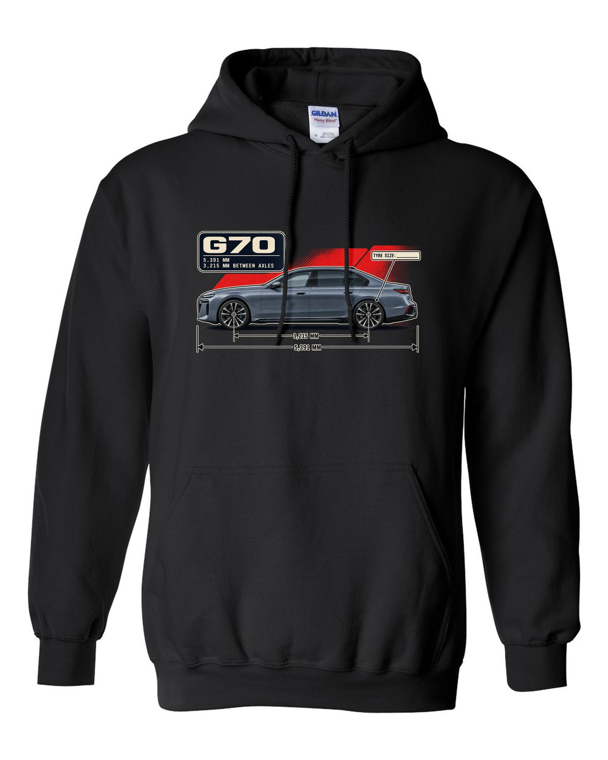 Dimension blueprint print of the BMW i7 M70 xDrive G70 black pull over hoodie front view with the design