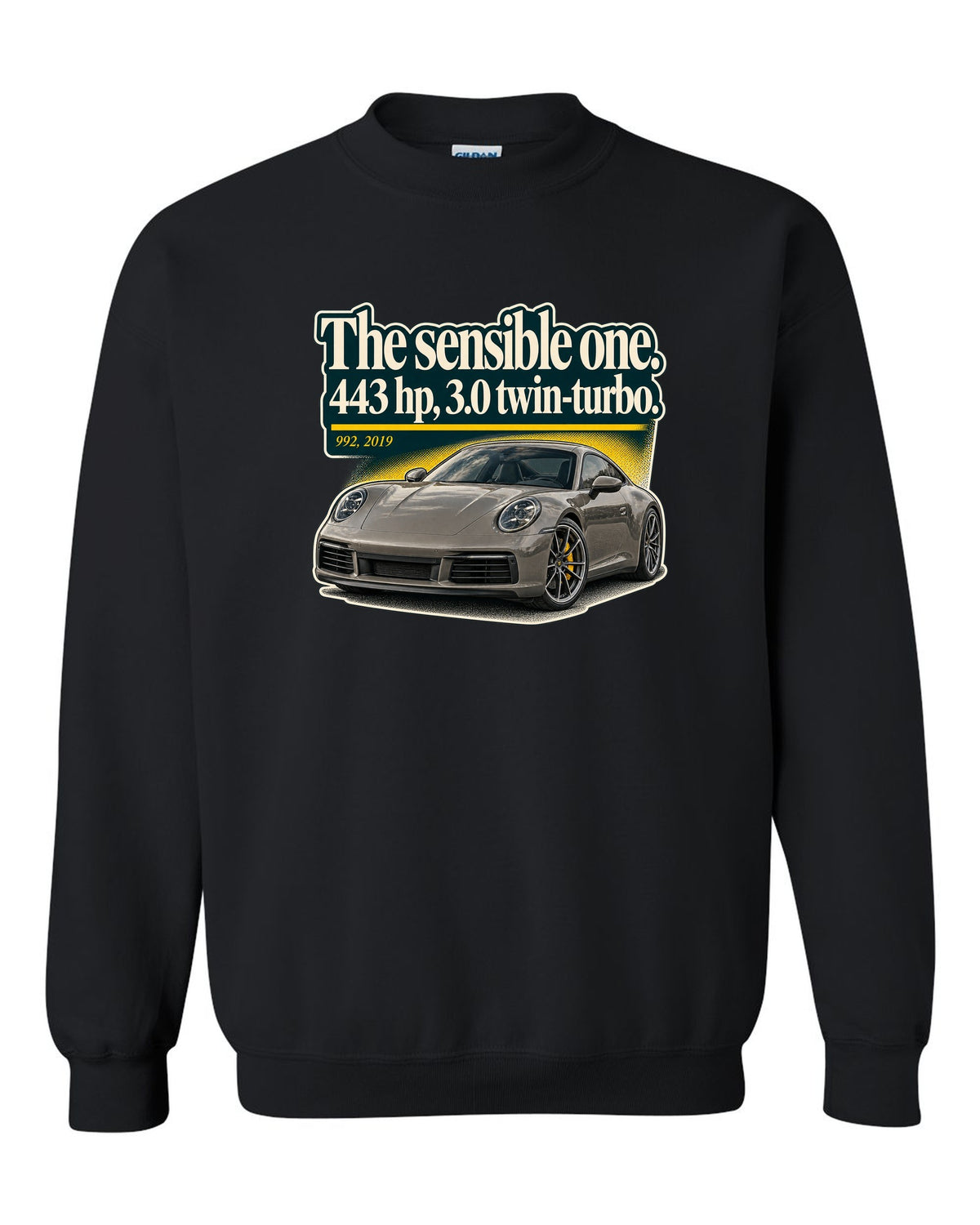 print of a Porsche 992 Carrera S coupe with an editorial headline layout black crewneck front view with the design
