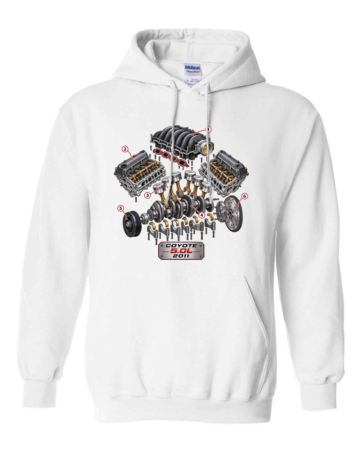 Isometric exploded cutaway of a Ford Coyote 5.0L engine for the S197 Mustang white pull over hoodie front view with the design