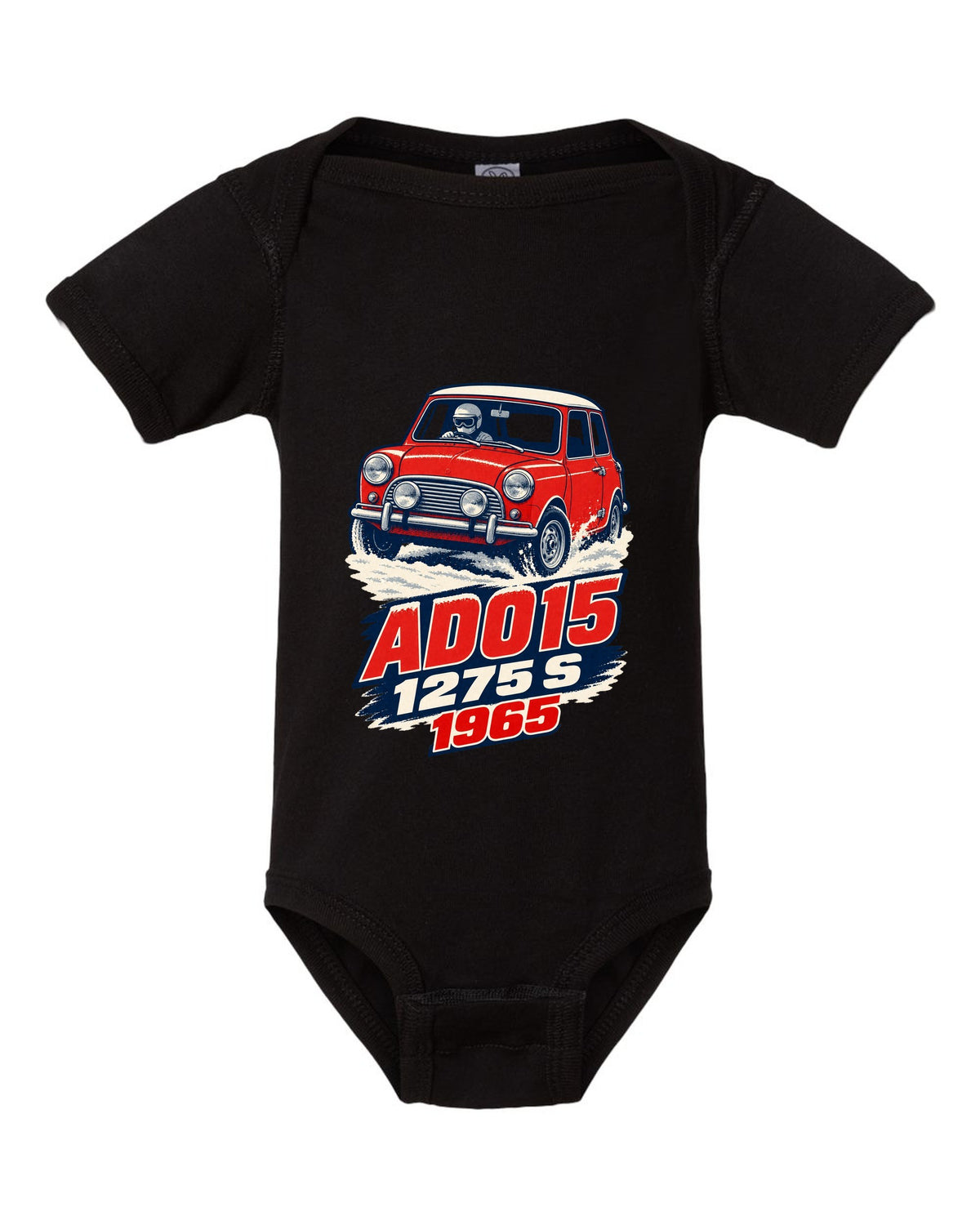 1965 Mini Cooper S ADO15 rally car in a 1960s litho poster style black baby onesie front view with the design