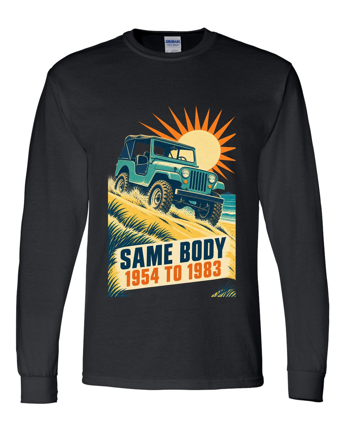 Vintage race poster print of a Jeep CJ-5 climbing a dune black long sleeve front view with the design
