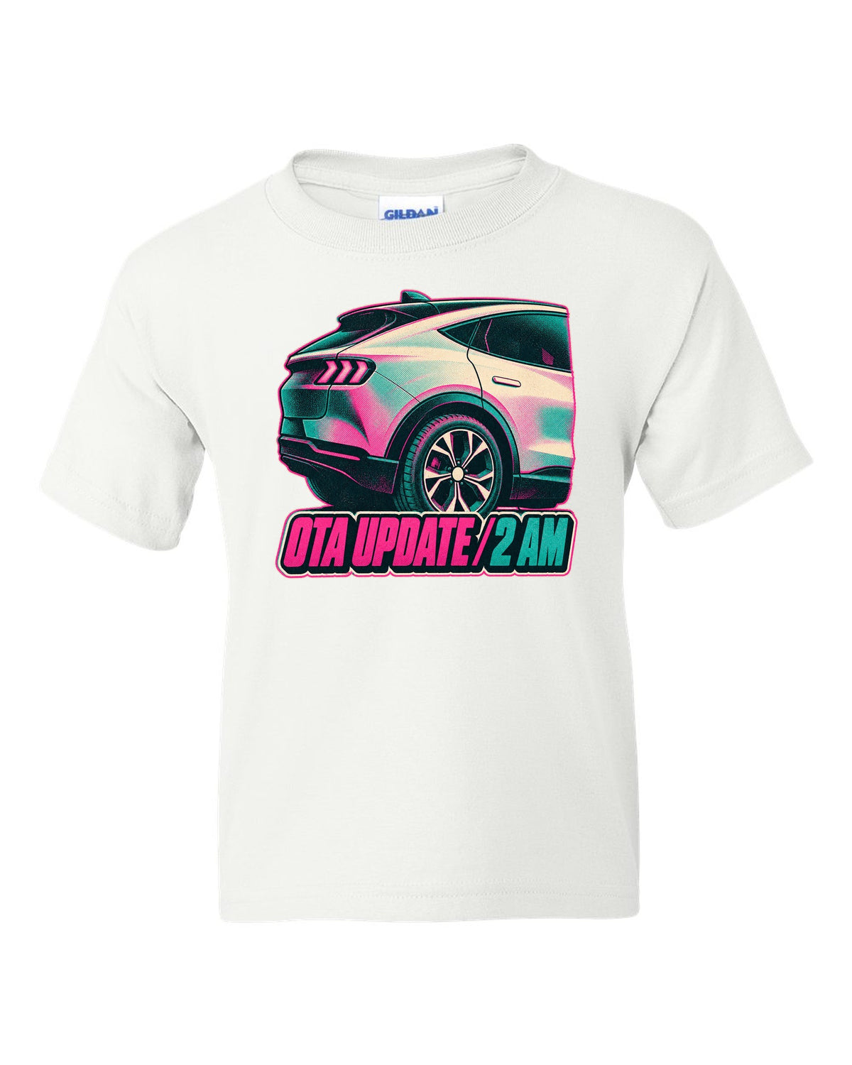Risograph halftone wheel print of a 2020 Mustang Mach-E CX727 reading OTA Update 2 AM white kids tee front view with the design