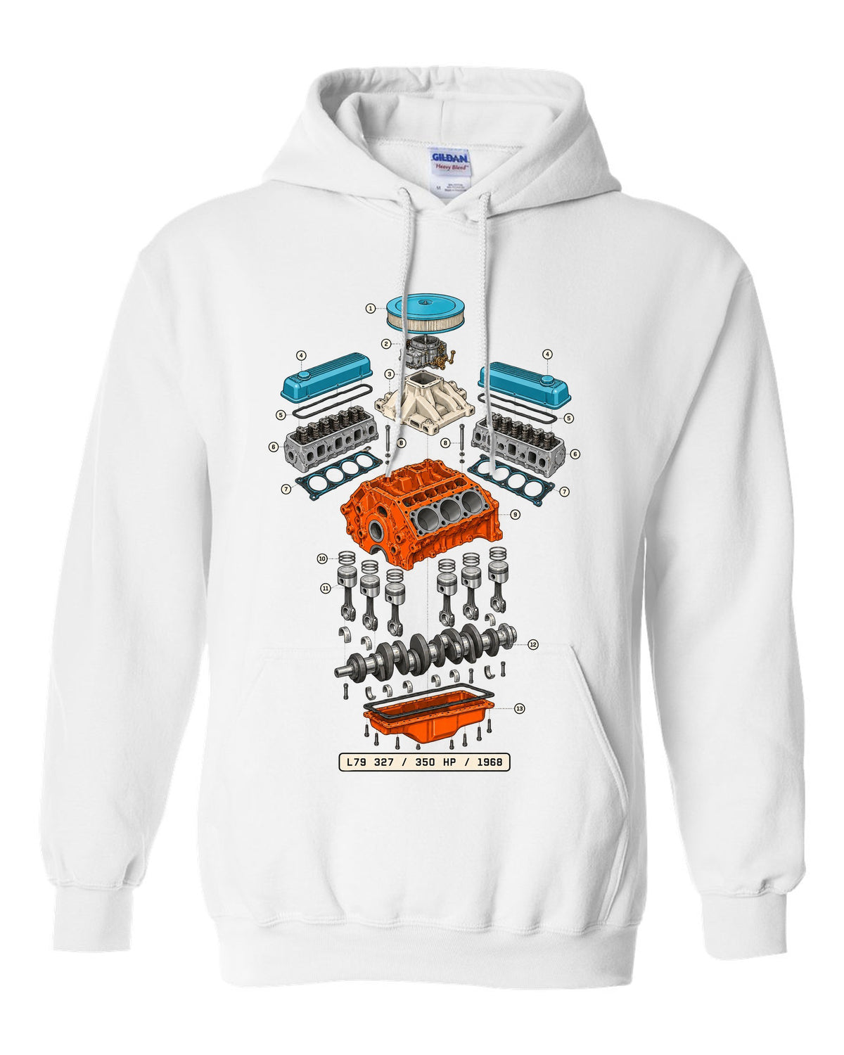 Exploded cutaway print of a 1968 Chevrolet Nova L79 327 engine with the text 350 HP, 1968 white pull over hoodie front view with the design