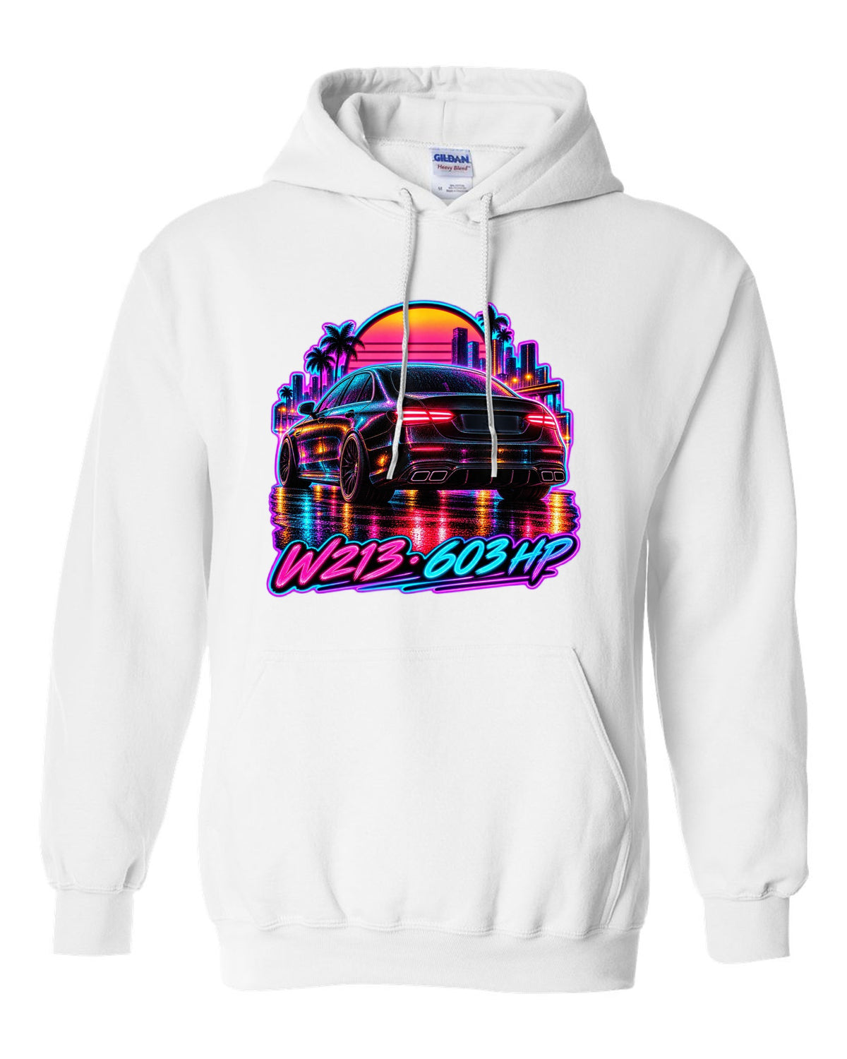 Synthwave wet road scene with a Mercedes E63 AMG W213 and 603 HP text white pull over hoodie front view with the design