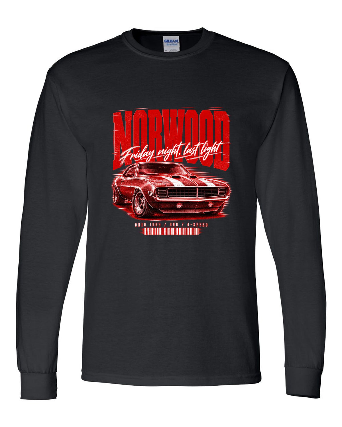 Street-poster print of a 1969 Chevrolet Camaro in Norwood, Ohio with 396 4-speed text black long sleeve front view with the design