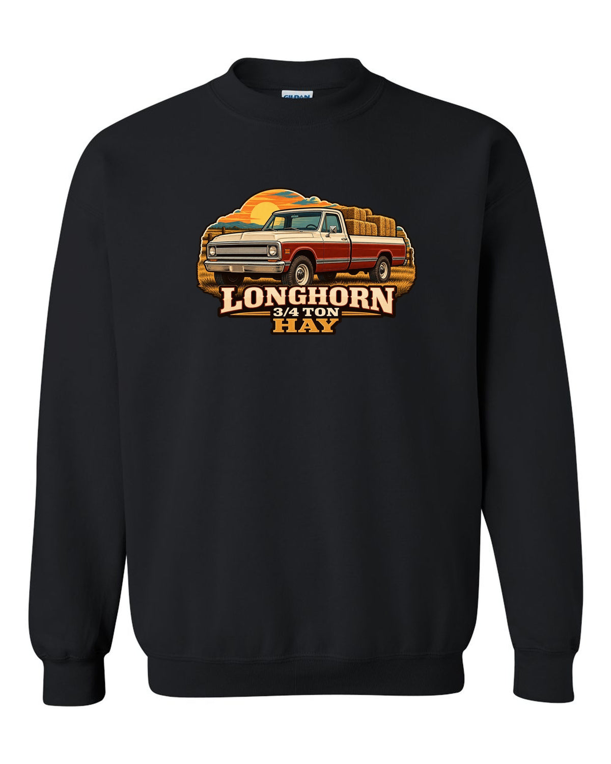 Vintage dealer-ad print of a 1967-72 Chevrolet C20 Longhorn with Longhorn 3/4 Ton Hay text black crewneck front view with the design