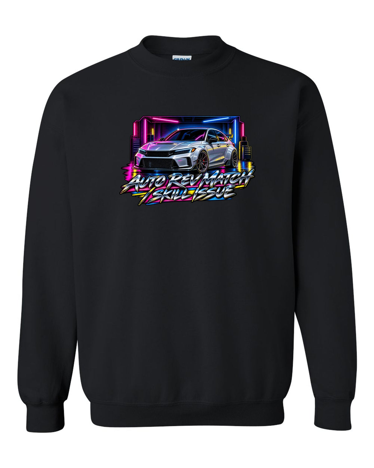 80s airbrush poster style print of a 2023 Honda Civic FL5 ch with auto rev match text black crewneck front view with the design