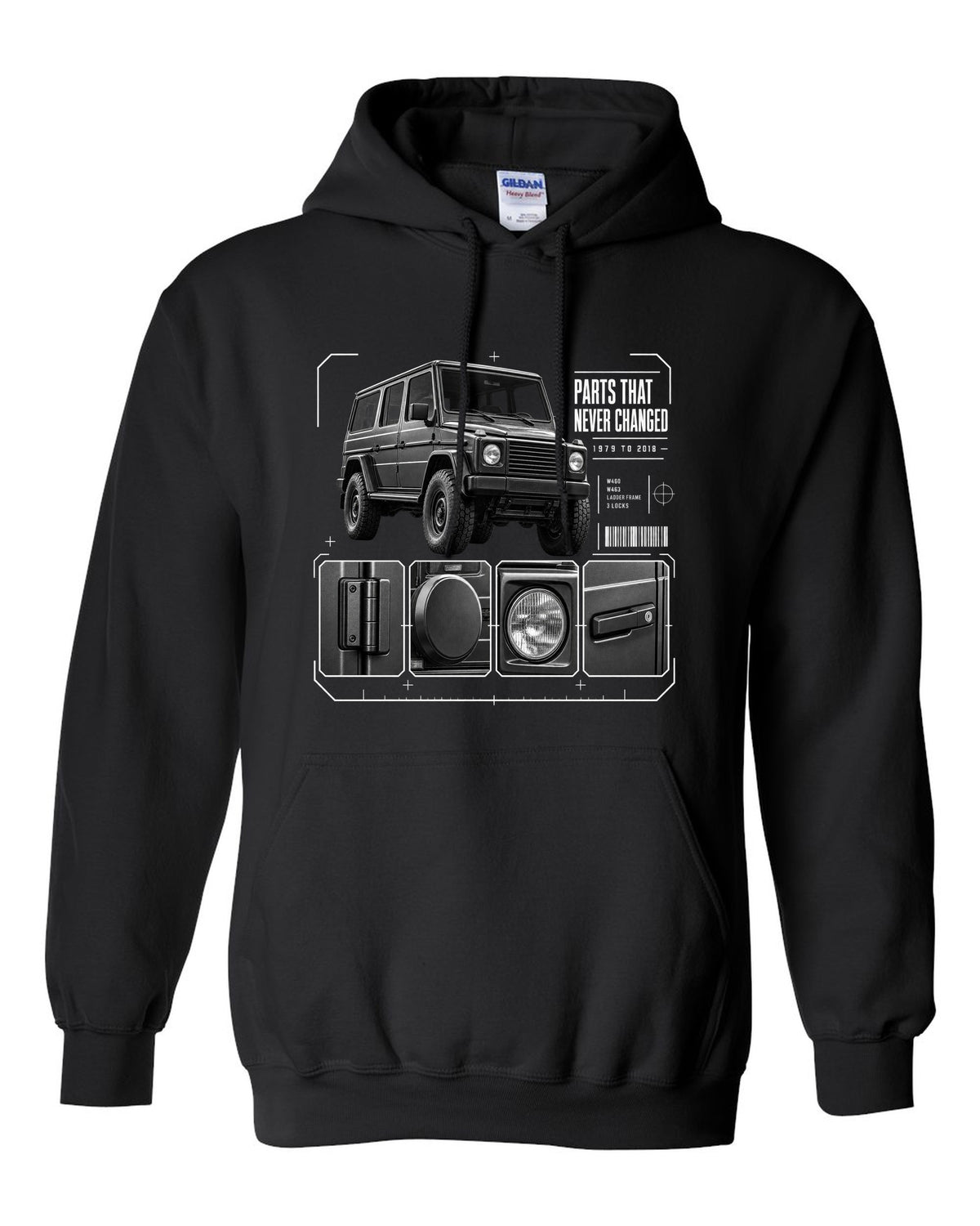 Three-panel dossier print of a Mercedes G-Class W463 with Parts T Never Changed lettering black pull over hoodie front view with the design