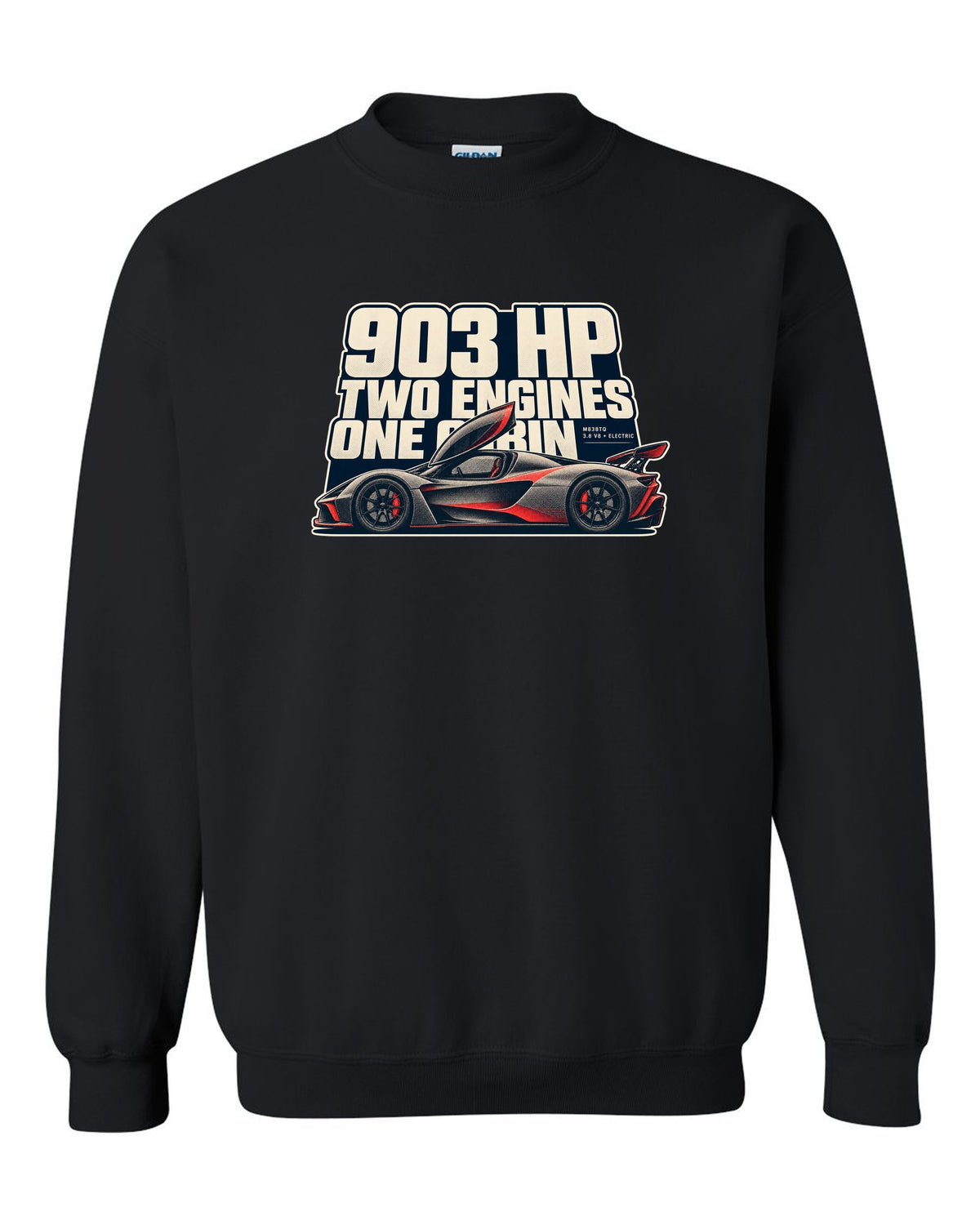 Halftone print of a McLaren P1 in warm grey and red, 903 HP two engines black crewneck front view with the design