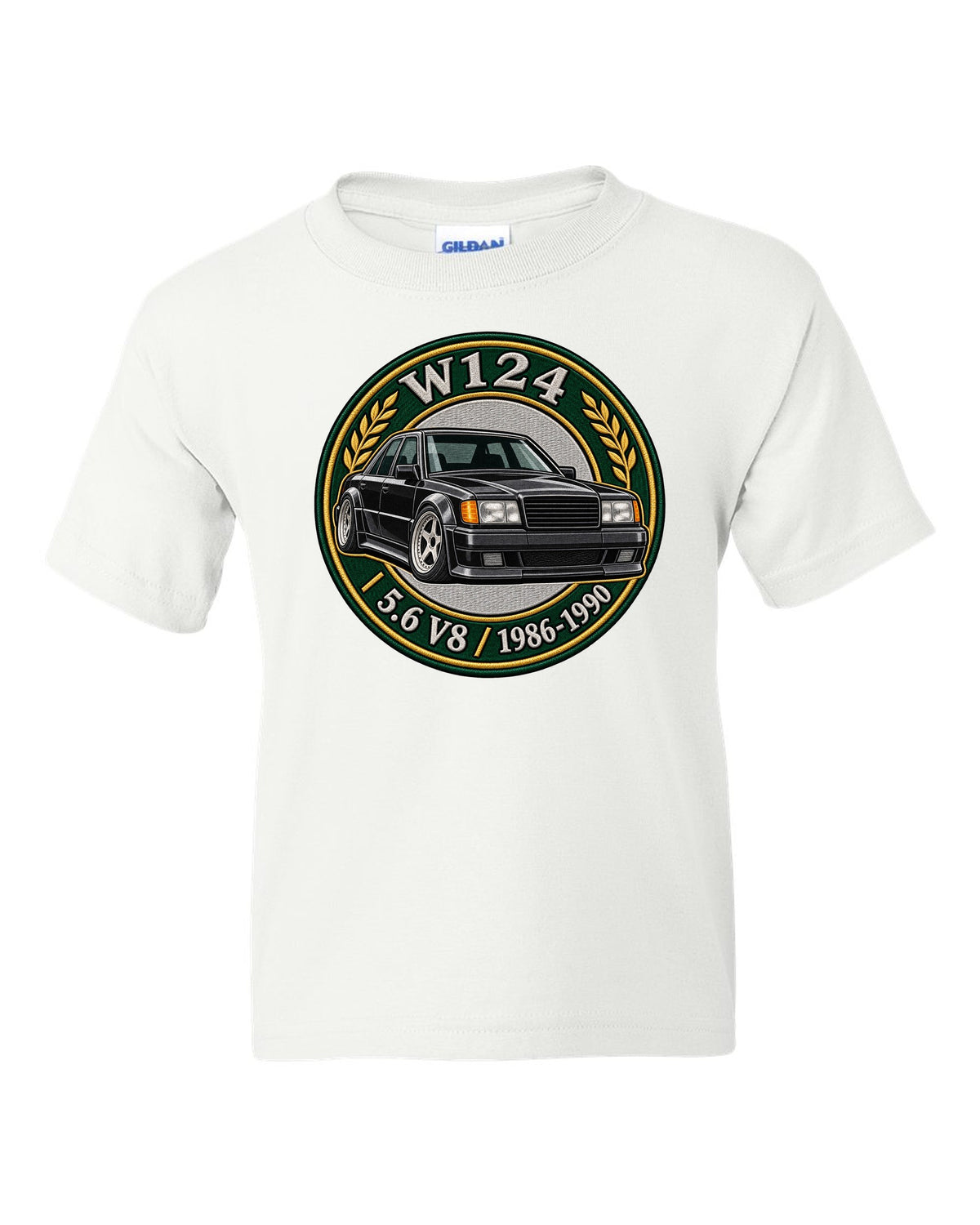 Stencil spray street art of a Mercedes 300E Hammer W124 with the word SLEEPER white kids tee front view with the design