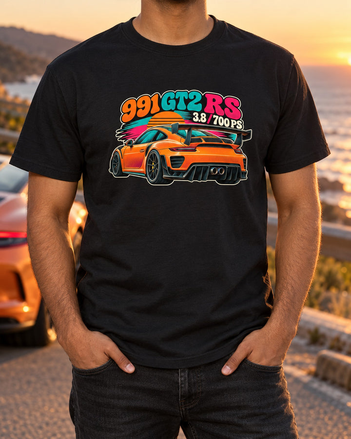 Porsche 991 GT2 RS 1970s Concert Poster Style Shirt, 700 PS T-Shirt Black worn hero