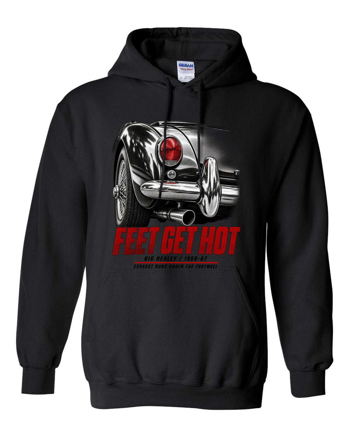 print of the rear taillight of a 1966 Austin-Healey 3000 Mk III BJ8 with hot feet lettering black pull over hoodie front view with the design