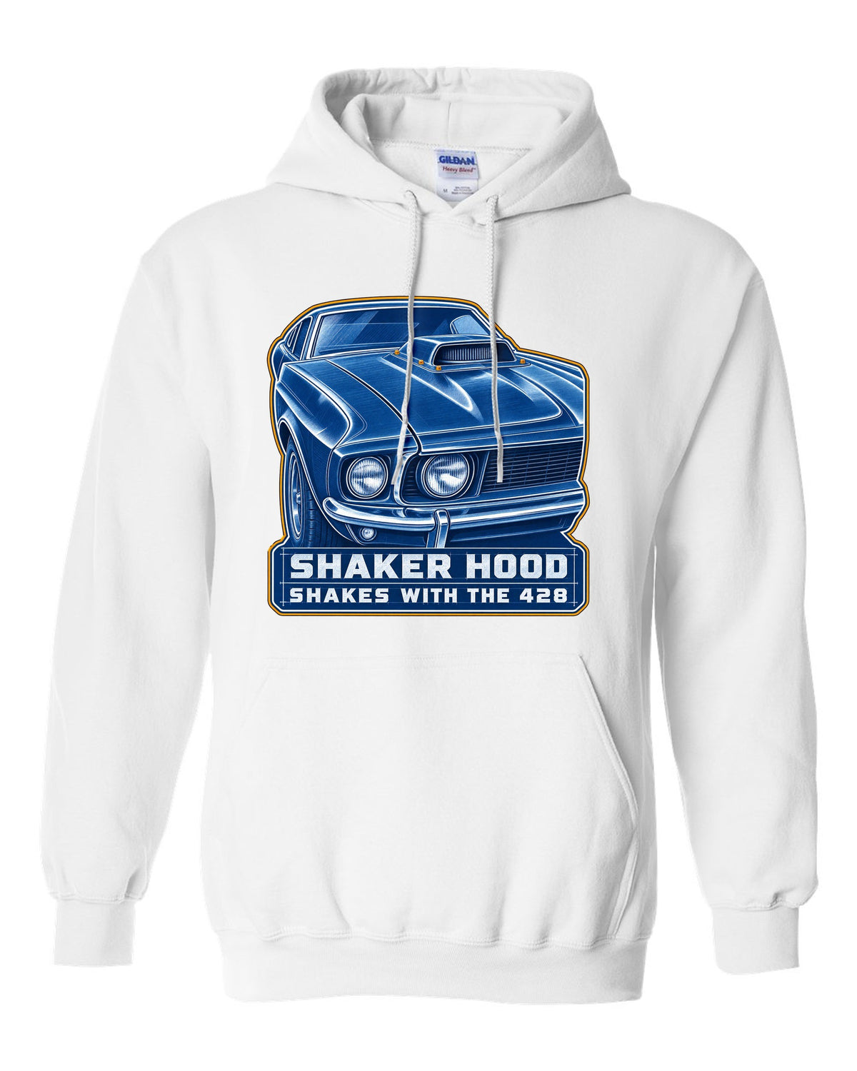 Cyanotype blueprint print of a 1969 Ford Mustang fastback shaker hood white pull over hoodie front view with the design