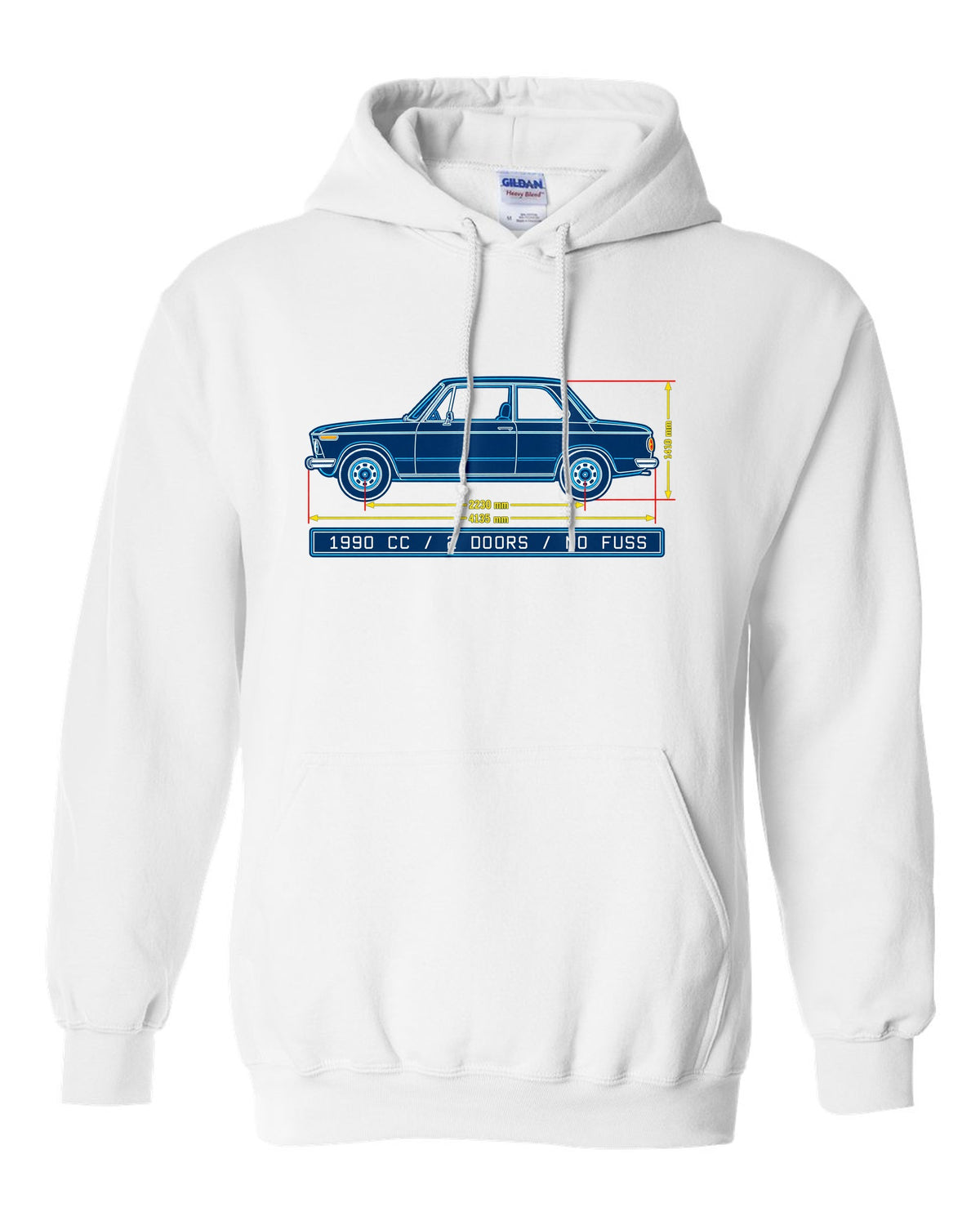 BMW 2002 turbo flared arch linocut woodcut print with 1,672 built text white pull over hoodie front view with the design