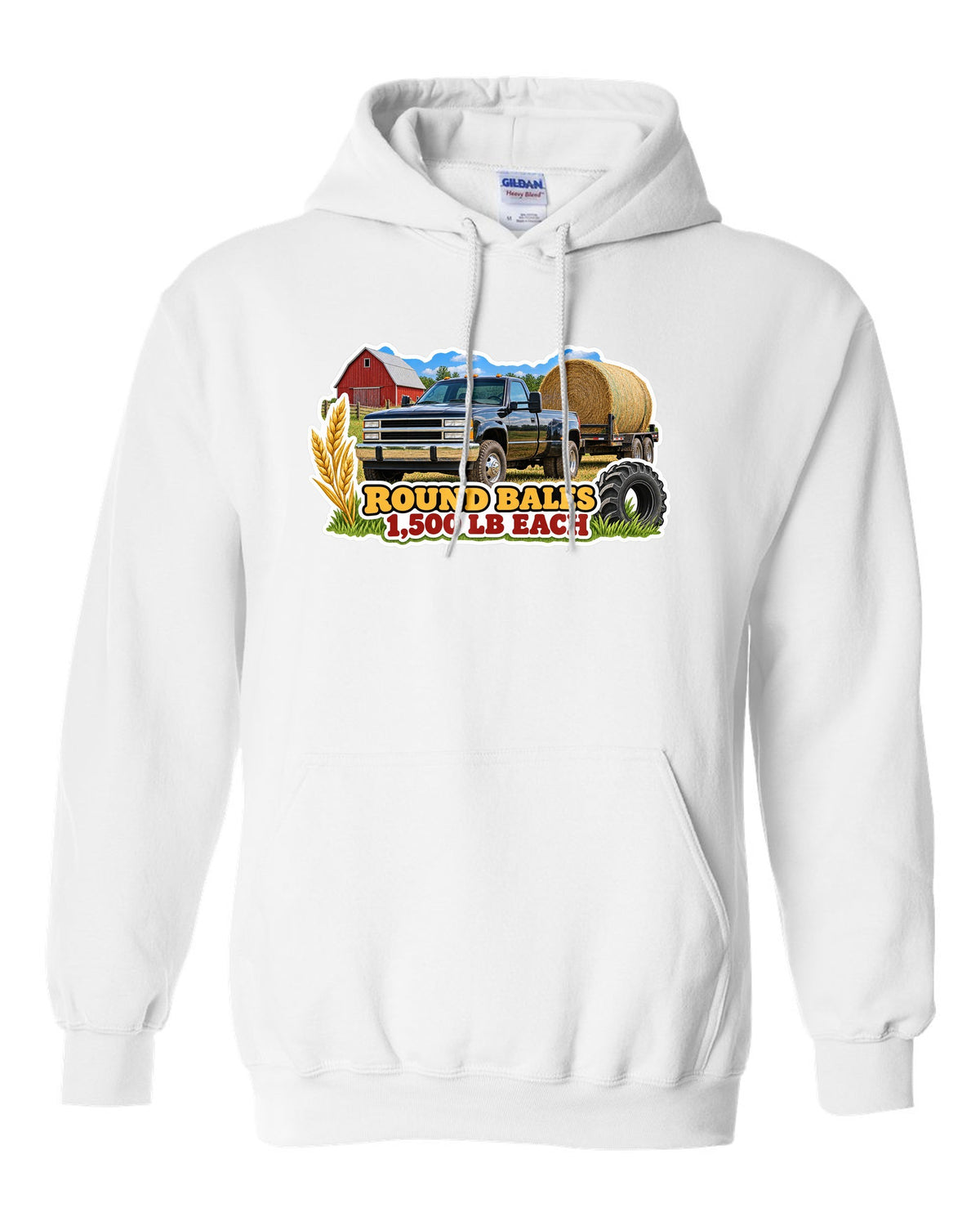 Sticker collage print of a 2010-2018 Ram 2500 6.7 hauling round bales with 1,500 lb each text white pull over hoodie front view with the design