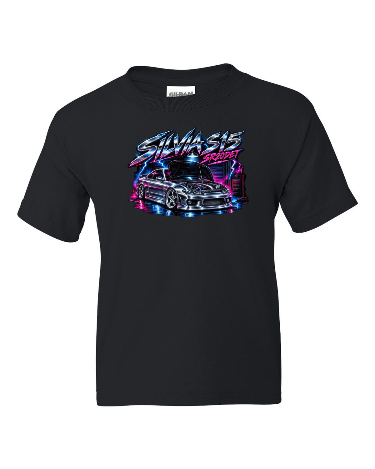 Airbrush chrome poster print of a Nissan Silvia S15 with SR20DET lettering black kids tee front view with the design