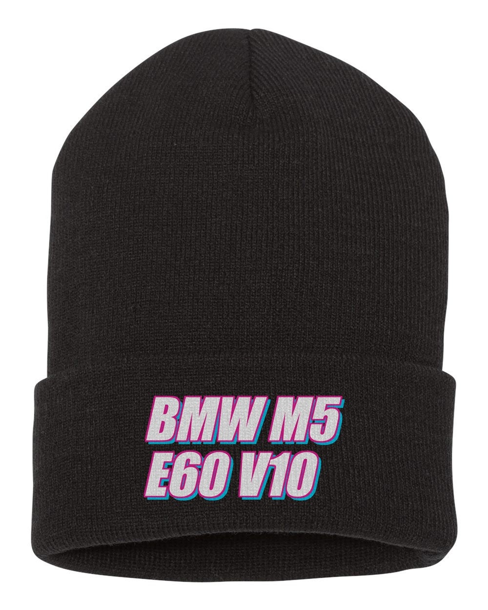 Bmw M5 E60 V10 black beanie front view with car name