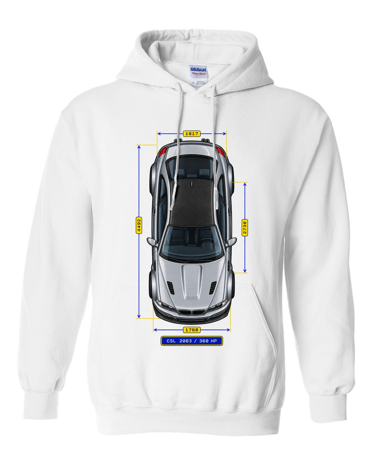 Spec-sheet data plate schematic of a BMW E46 M3 CSL 2003 with carbon roof and 360 HP white pull over hoodie front view with the design