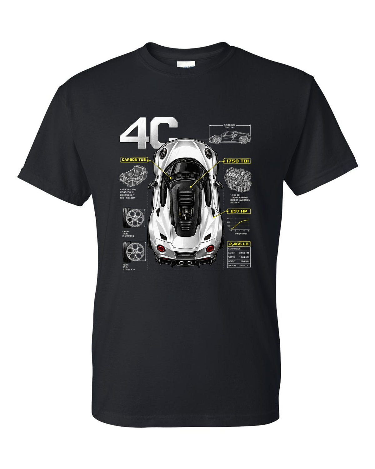 Overhead spec poster print of an Alfa Romeo 4C with carbon tub and 237 HP text black t-shirt front view with the design