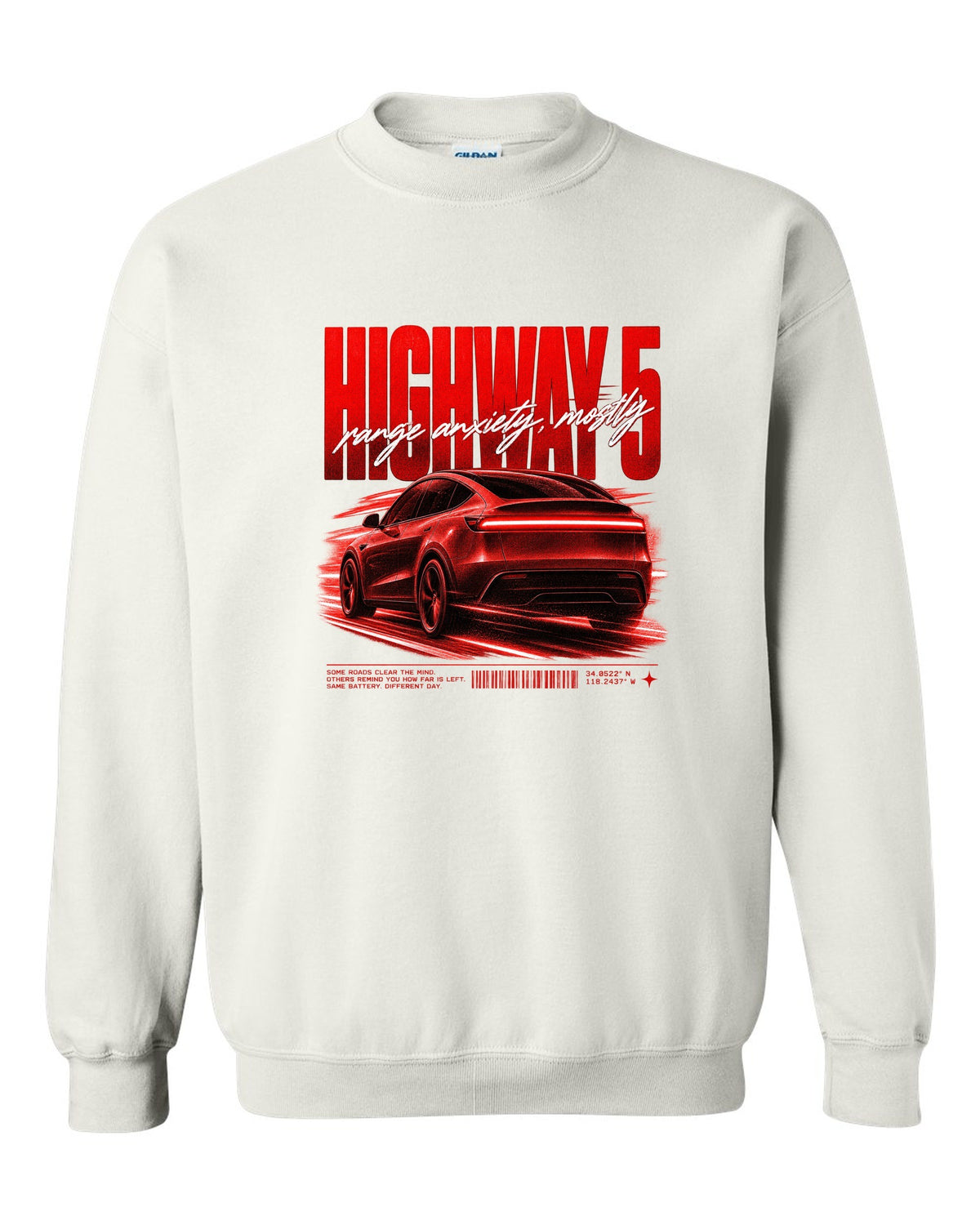 Tesla Model Y Juniper rear three-quarter in motion street poster reading Highway 5 white crewneck front view with the design