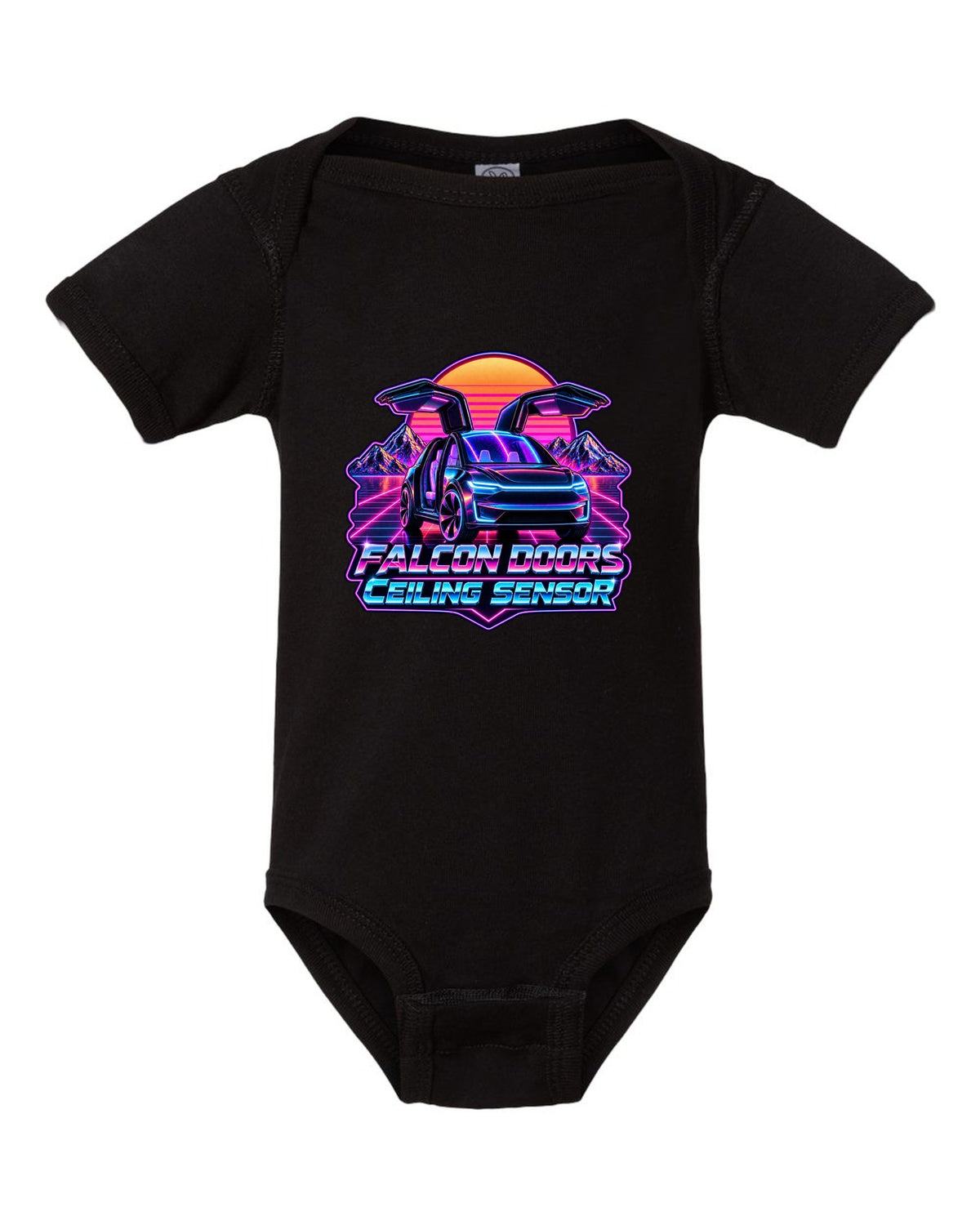 Synthwave outrun print of a Tesla Model X with falcon doors reading Falcon Doors Ceiling Sensor black baby onesie front view with the design