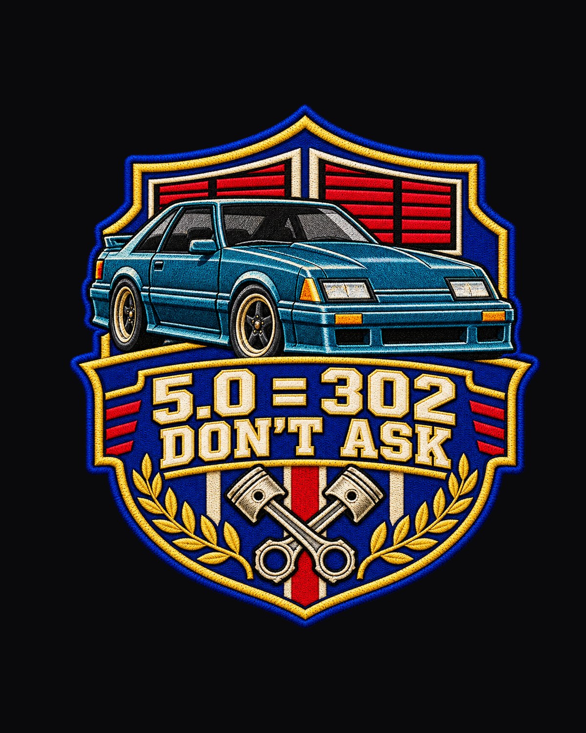 Ford Mustang Fox Body Drag Crest Shirt, 5.0 Equals 302 design only