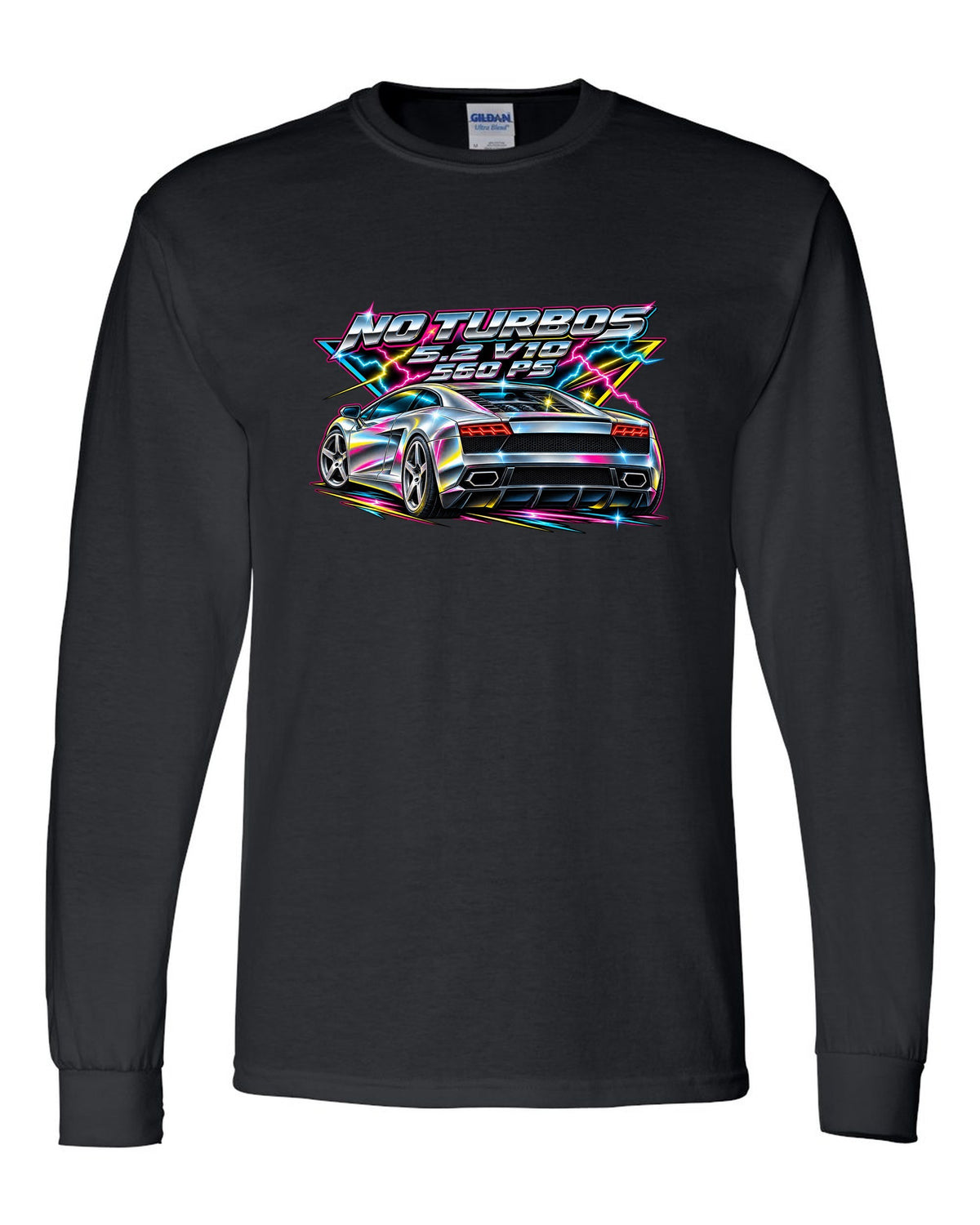 80s airbrush chrome Lamborghini Gallardo LP560-4 with the text NO TURBOS / 5.2 V10 / 560 PS black long sleeve front view with the design